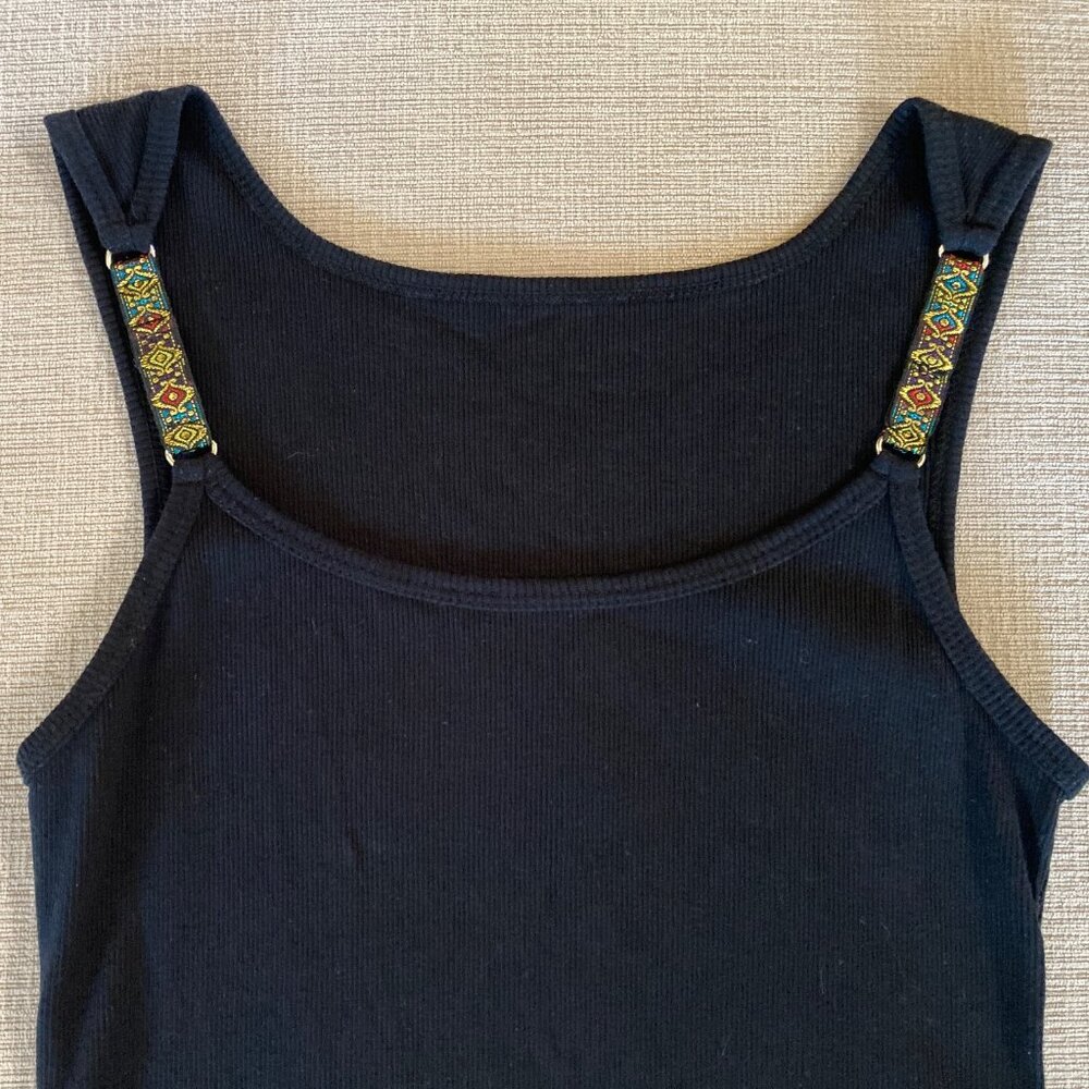 Black Cotton Tank Top with Ribbon Straps - Size M/L